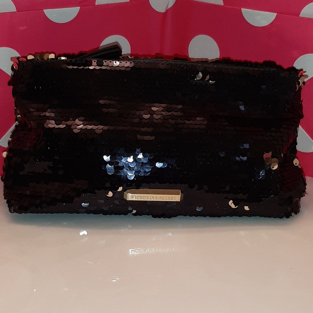 Victoria's secret sequin make up bag black gold